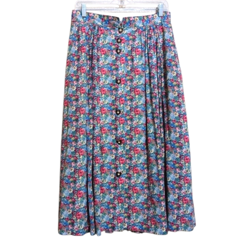 Alphorn Trachtenmode German Floral Button Front Midi Skirt Lined Oktoberfest